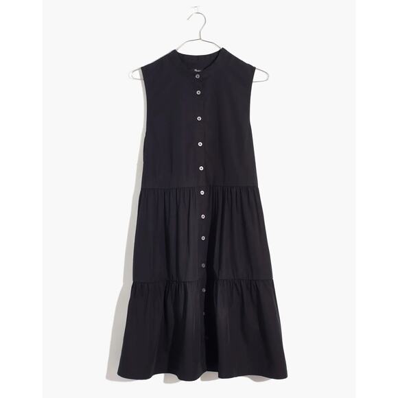 Madewell Black Gray Sleeveless Tiered Button Down Mini A-Line Shirt Dress Sz XS - Picture 9 of 9